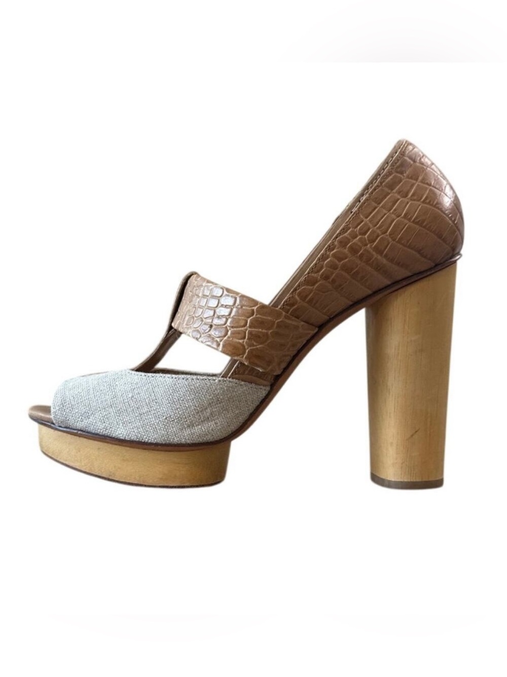 Tory Burch Georgina Linen Platform Heels Croc Leather Peep Toe Sz 9